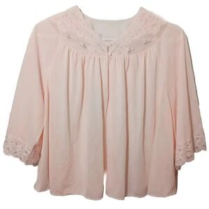 Vtg Shadowline NOS Pink Nylon Lace Nightie Pajama Top Size M Embroidered Roses